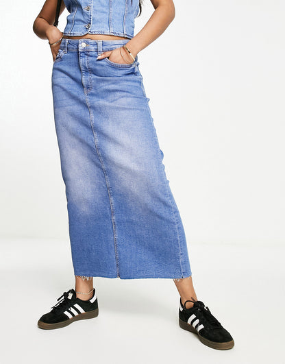 Bershka denim midi skirt with raw hem in washed mid blue