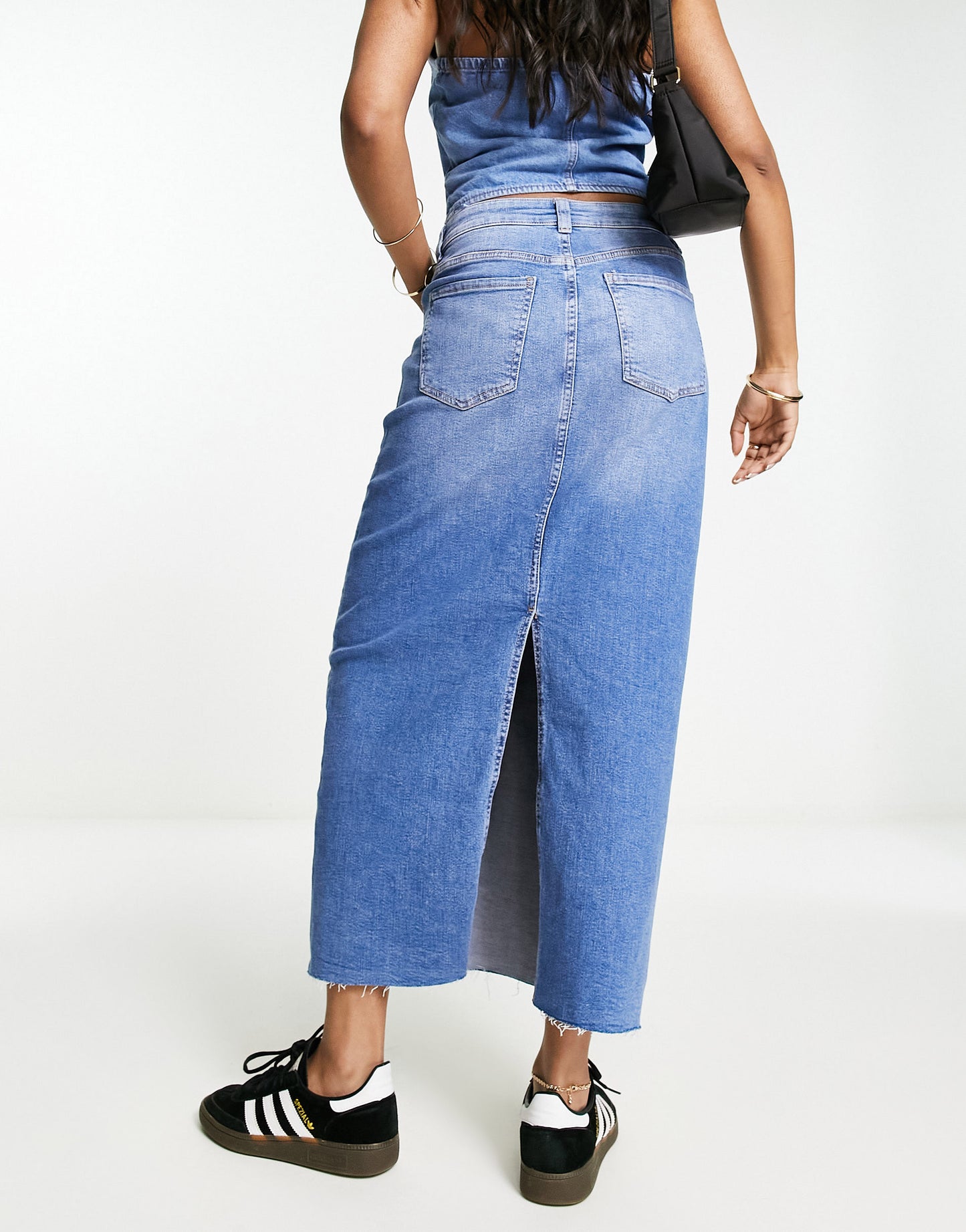 Bershka denim midi skirt with raw hem in washed mid blue