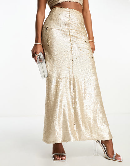 Collective the Label Petite exclusive embellished maxi skirt co-ord in champagne