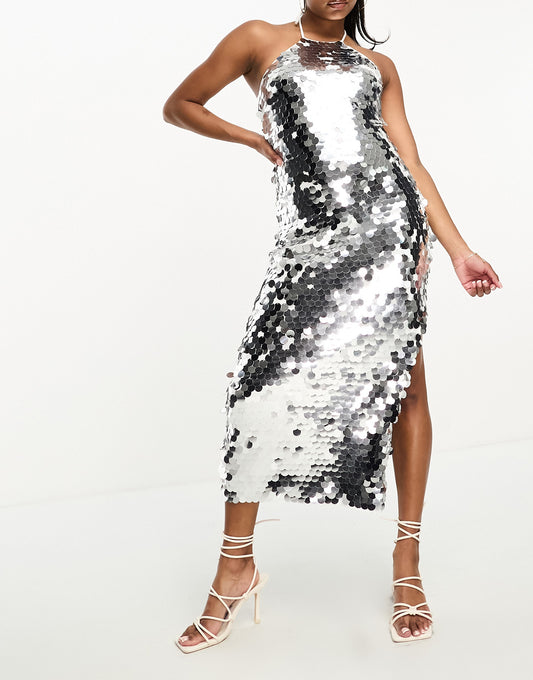 Collective the Label Petite exclusive disc sequin midi dress in silver