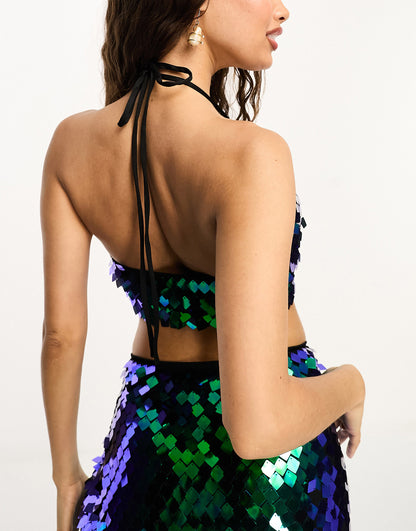 Collective the Label Petite exclusive disc sequin crop top in cobalt mix