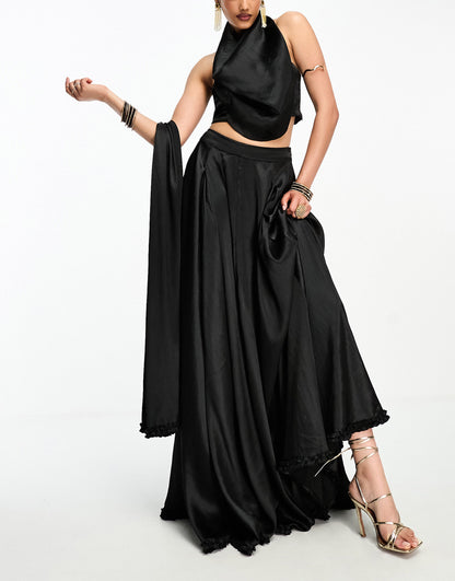 Kanya London Lehenga full flare frill skirt & dupatta co-ord in black