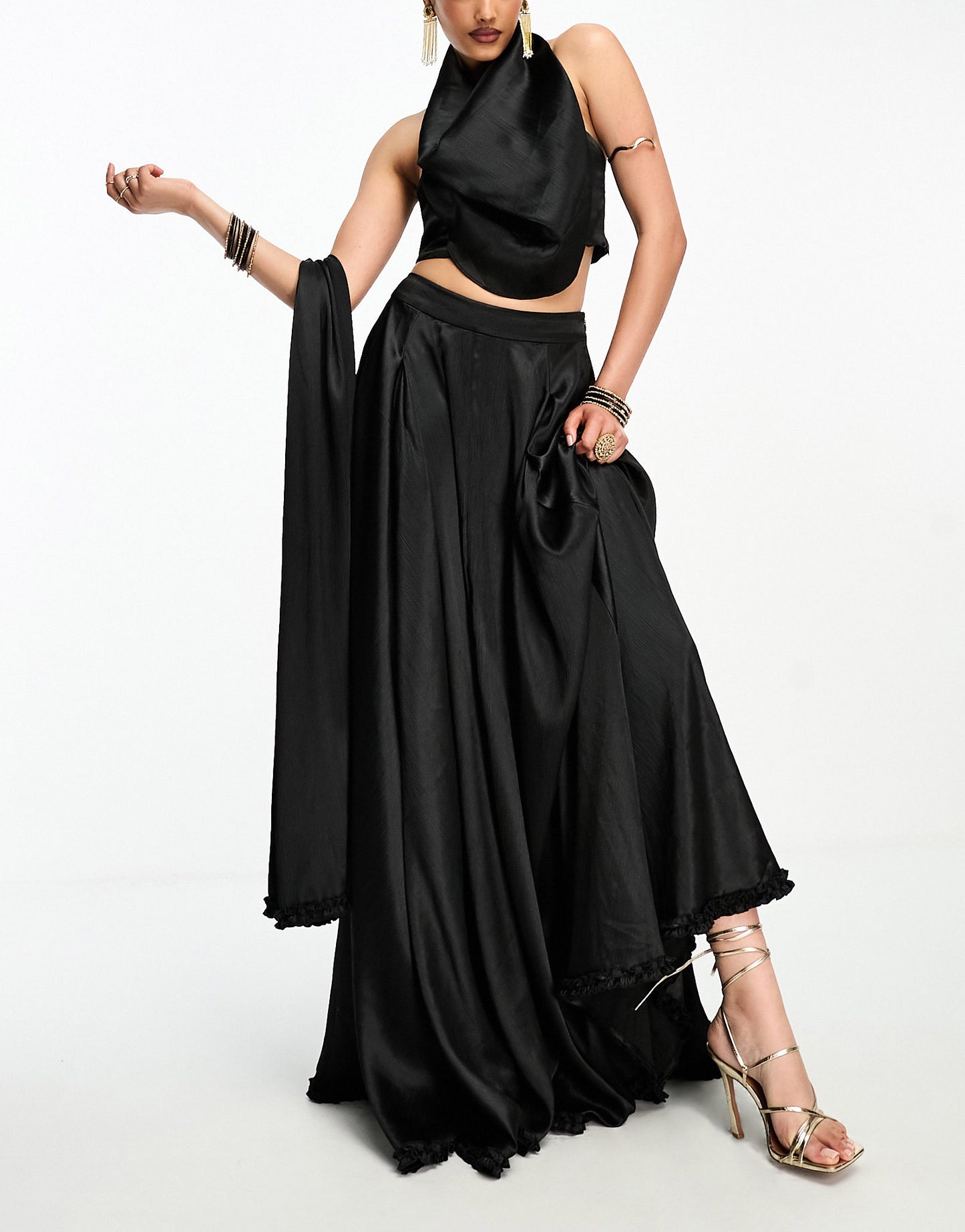 Kanya London Lehenga full flare frill skirt & dupatta co-ord in black