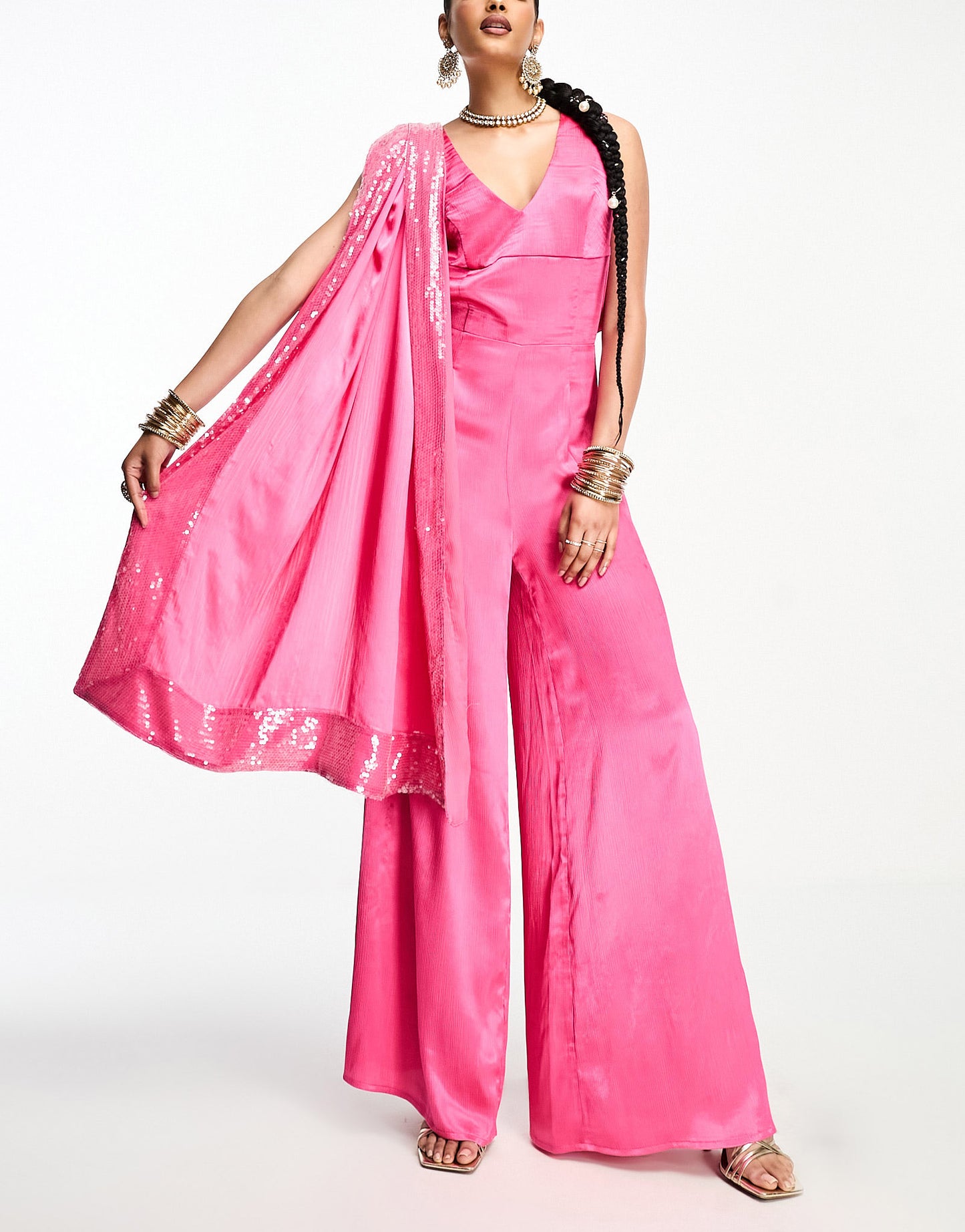 Kanya London wide leg jumpsuit and dupatta scarf in magenta