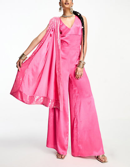 Kanya London wide leg jumpsuit and dupatta scarf in magenta