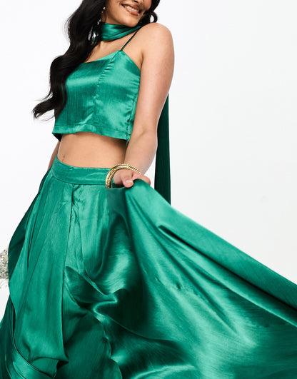 Kanya London Lehenga spaghetti strap crop top in emerald