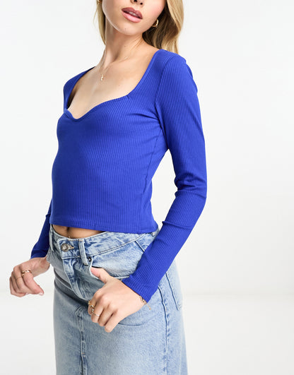 Monki long sleeve cropped top in blue