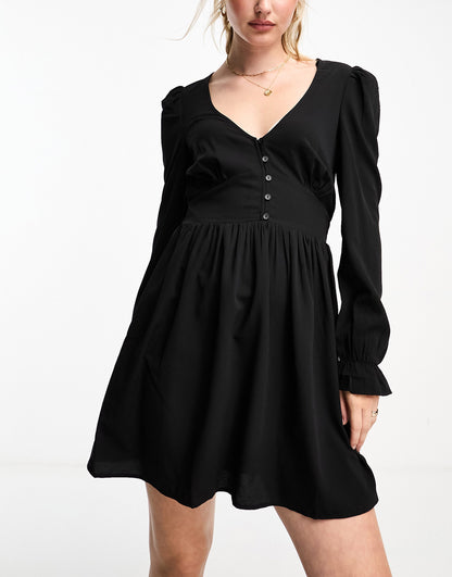 Monki long sleeve v neck mini dress in black