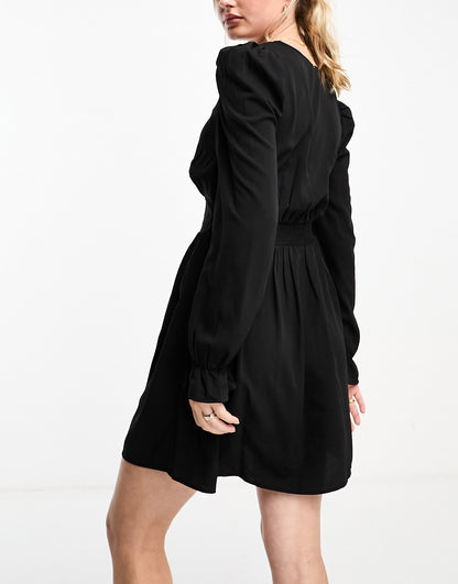 Monki long sleeve v neck mini dress in black