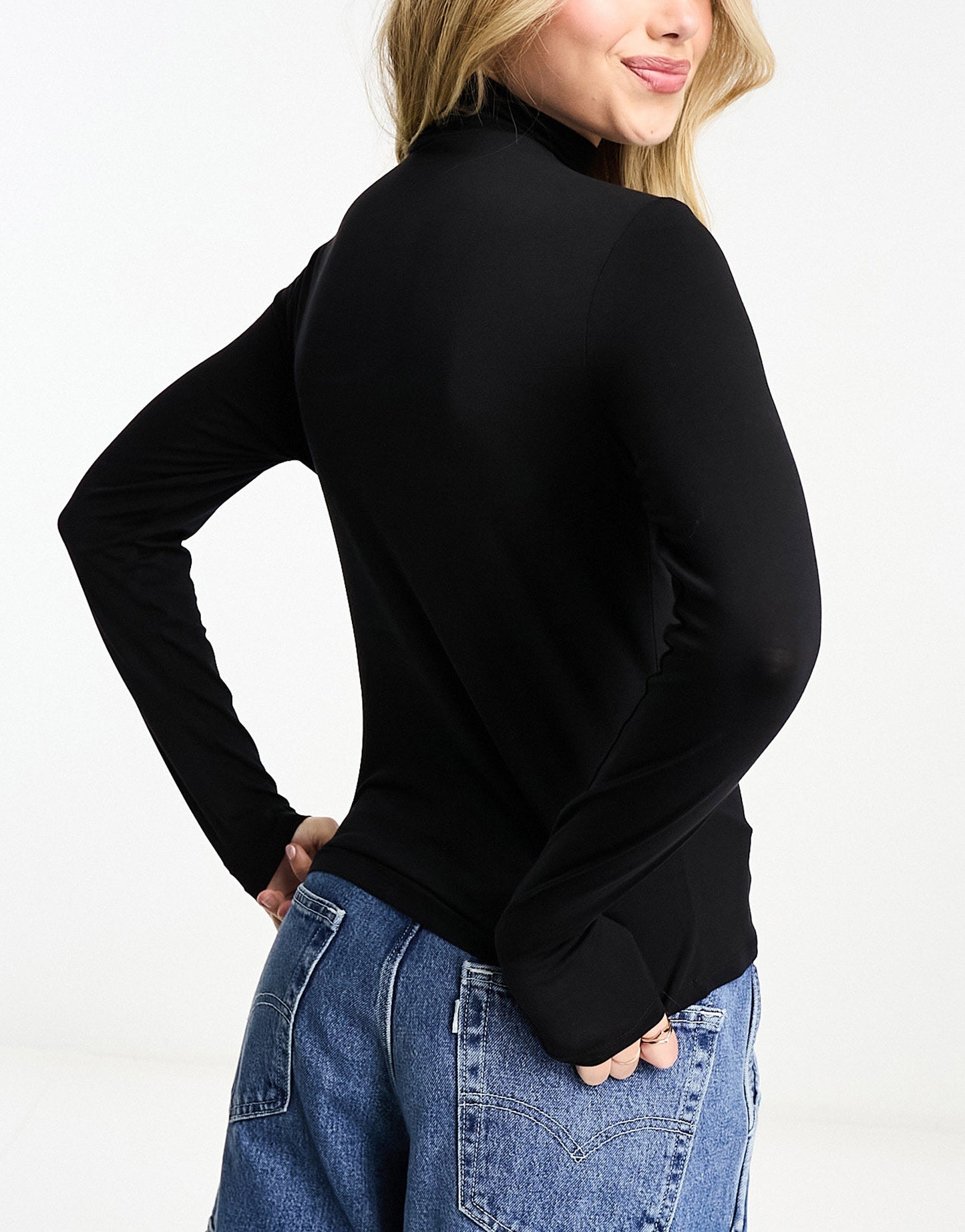 Monki long sleeve high neck top in black