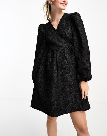 Monki long sleeve jacquard print mini dress in black