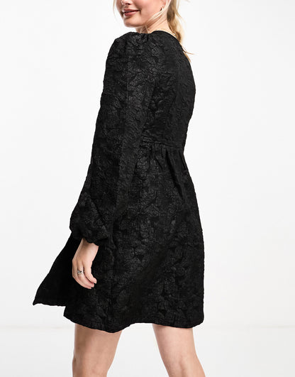 Monki long sleeve jacquard print mini dress in black