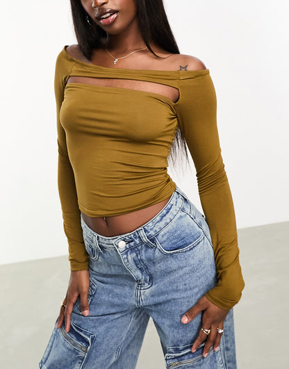 ASOS DESIGN bardot long sleeve cut out top in olive