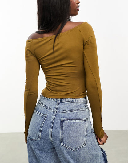 ASOS DESIGN bardot long sleeve cut out top in olive