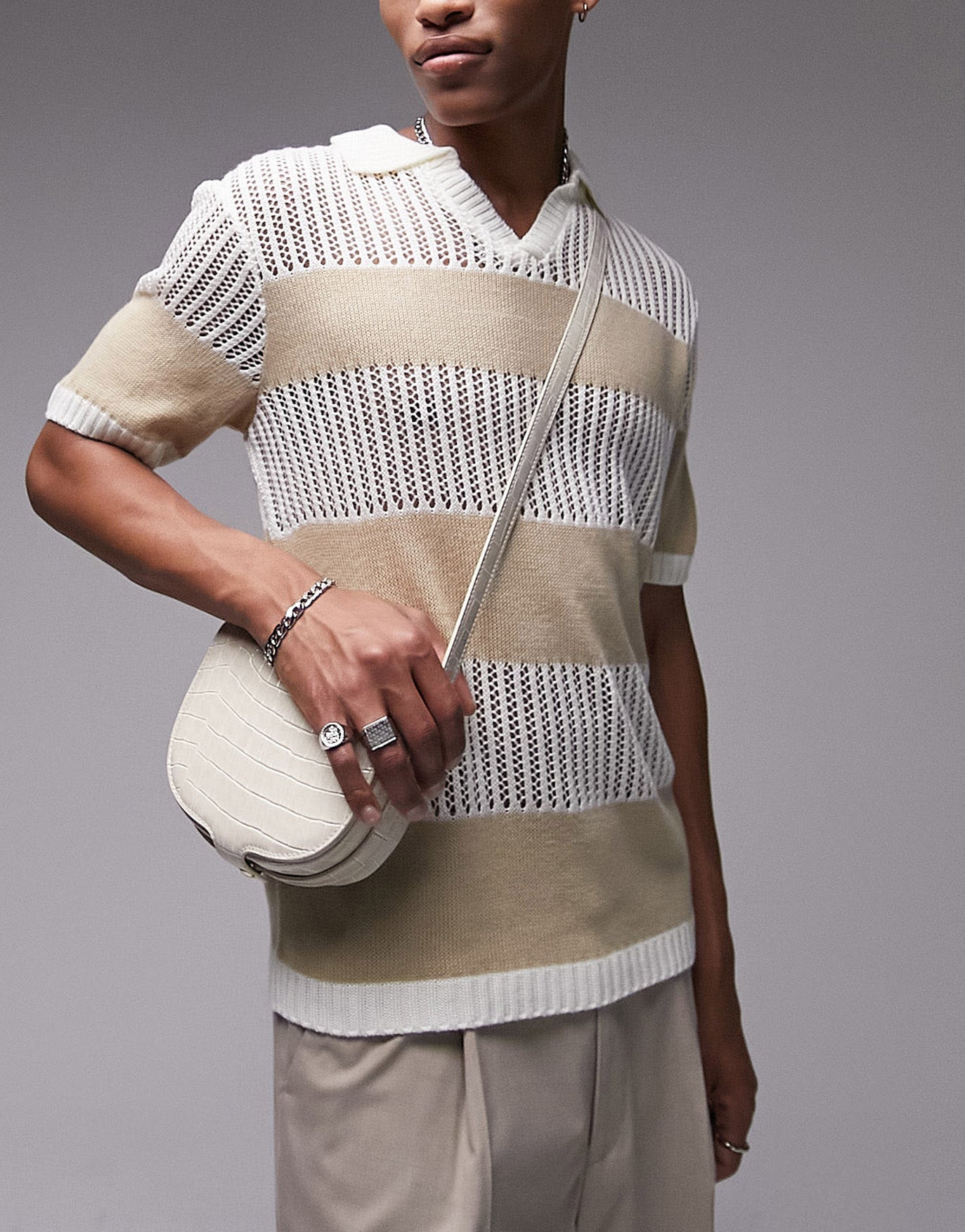 Topman knitted stripe crochet v neck polo in stone