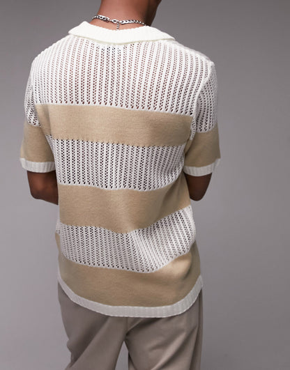 Topman knitted stripe crochet v neck polo in stone