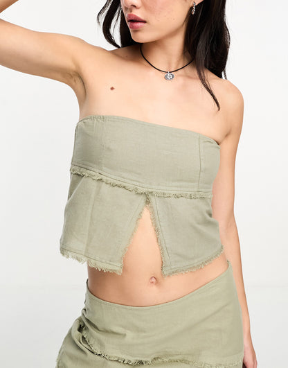 Motel bandeau canvas split detail crop top co-ord in slate green