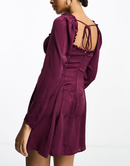 ASOS DESIGN satin cupped mini dress with godet and ruched waist in wine