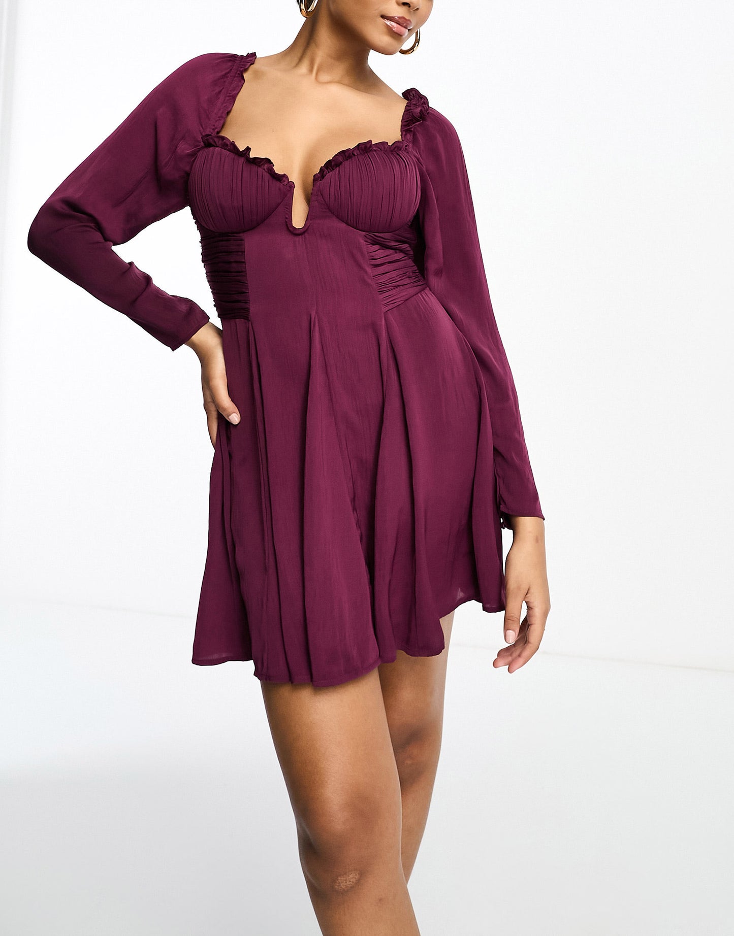 ASOS DESIGN satin cupped mini dress with godet and ruched waist in wine