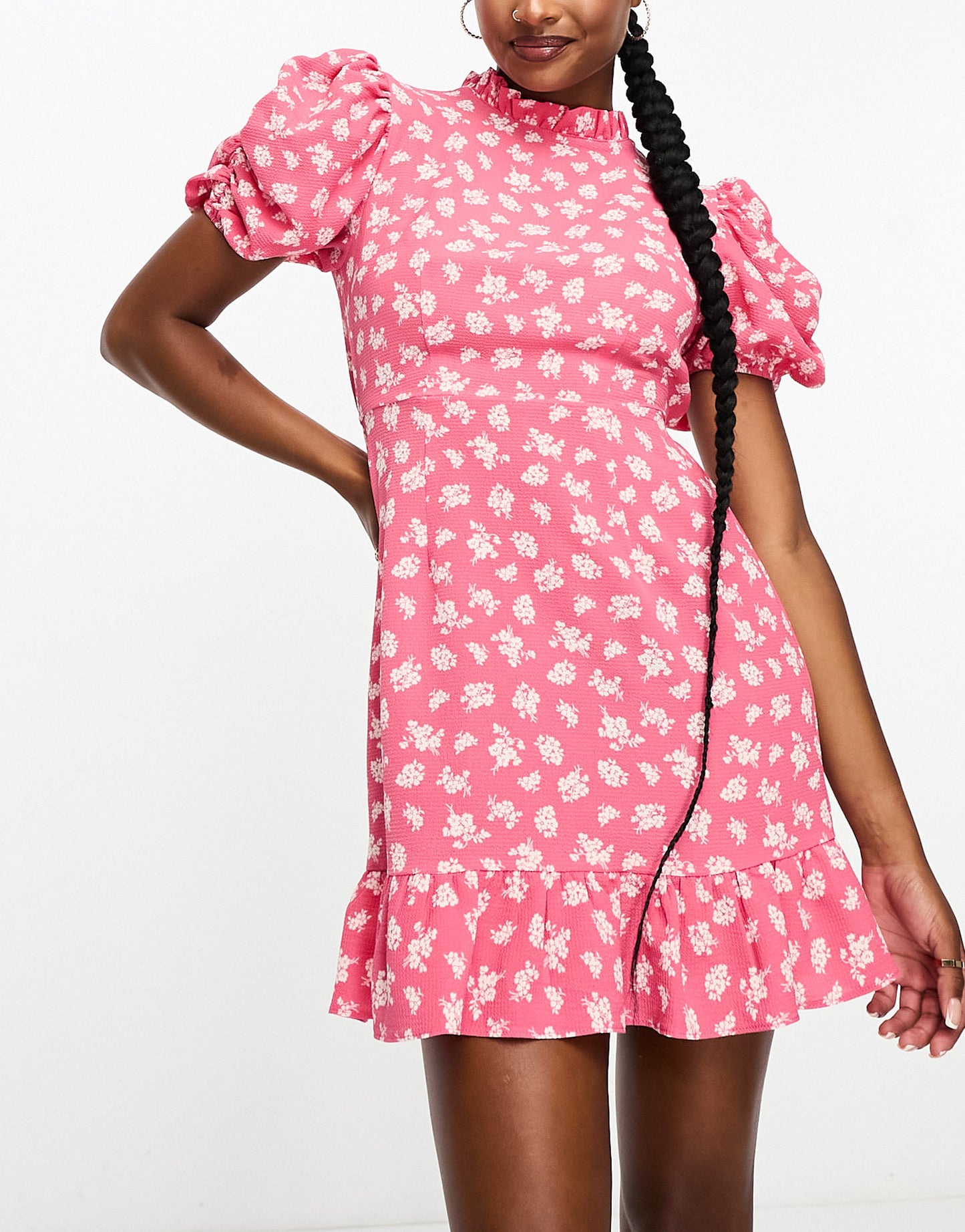 ASOS DESIGN Petite pie crust neck puff sleeve mini tea dress in pink ditsy print