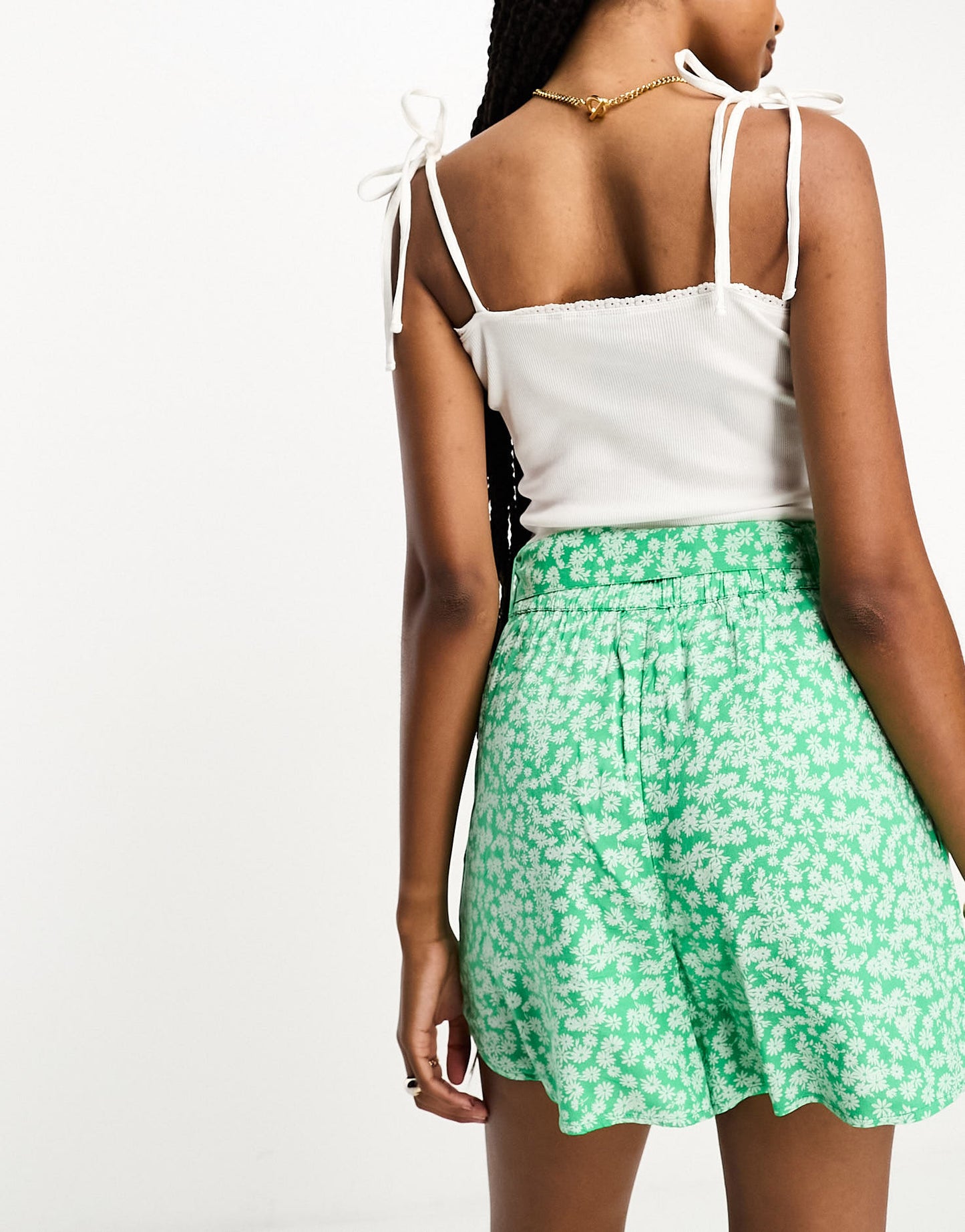 Pieces Tall exclusive tie waist flowy shorts in green ditsy