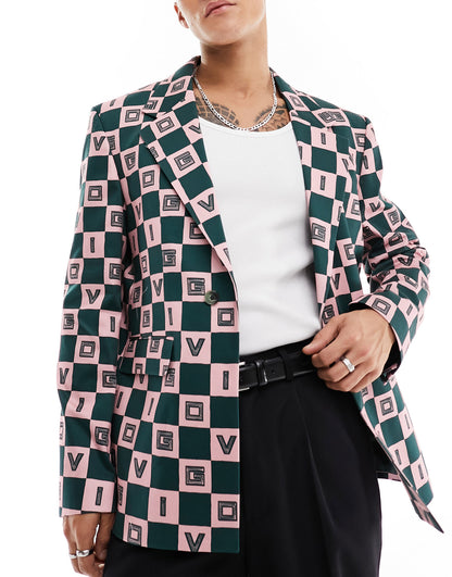 Viggo checkerboard print suit jacket in green