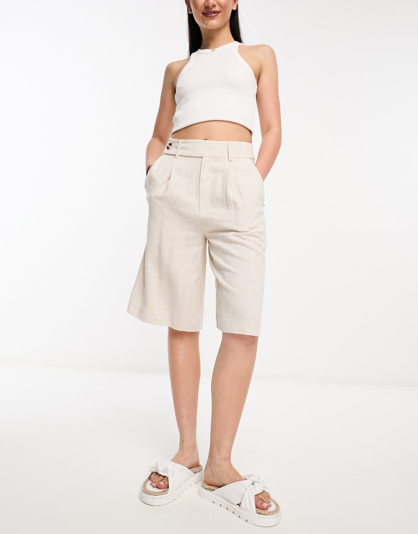 Stradivarius longline linen short in natural