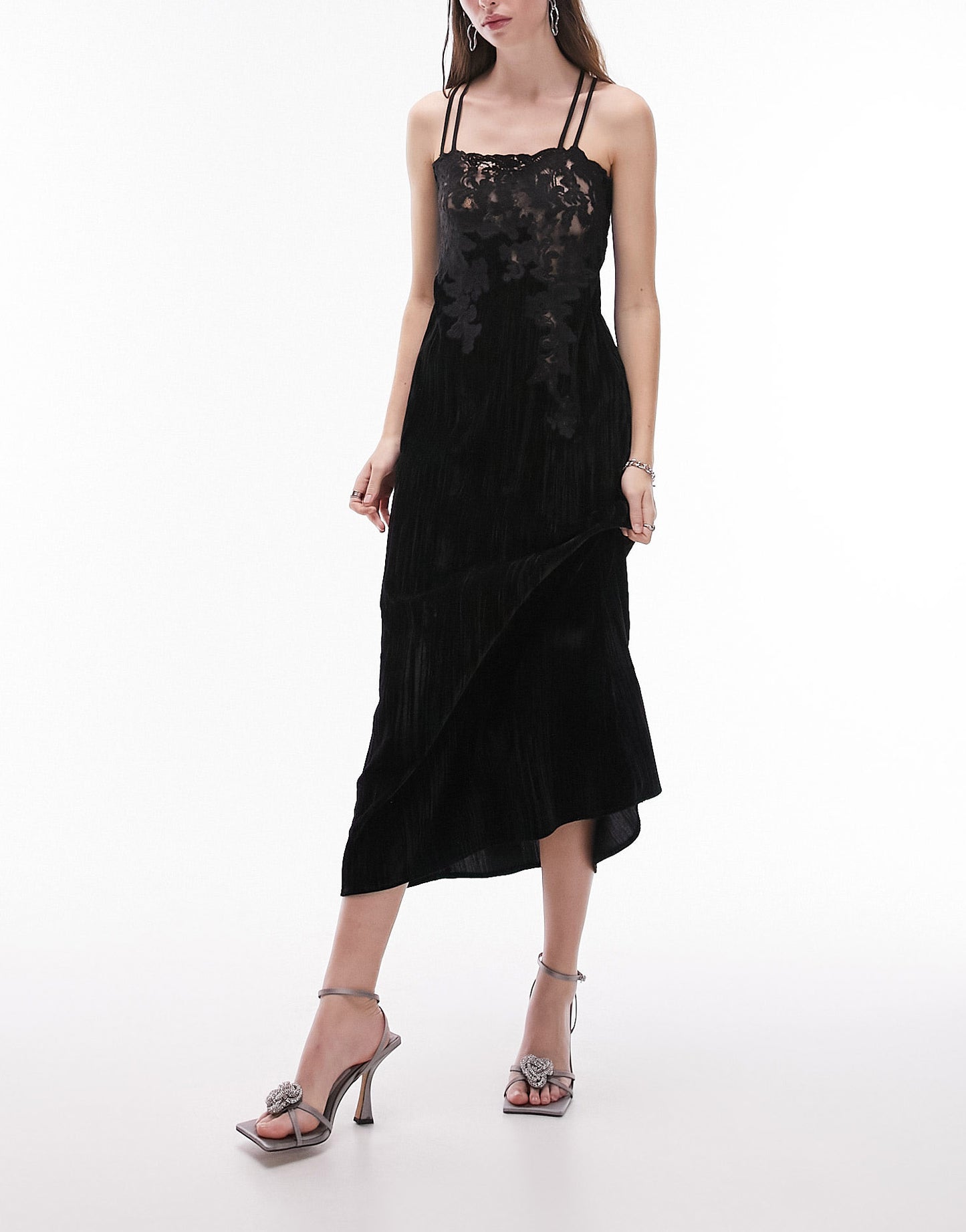 Topshop velvet and lace midi slip dress in black