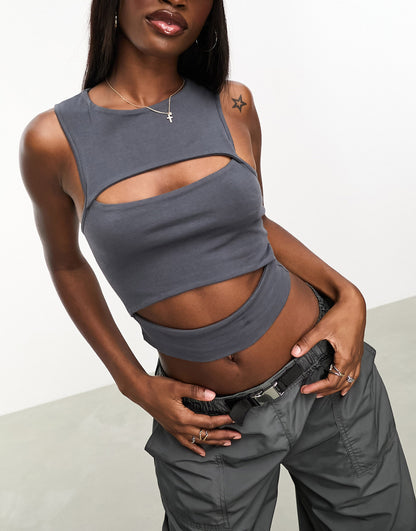 ASOS DESIGN cotton racer slashed crop top in charcoal