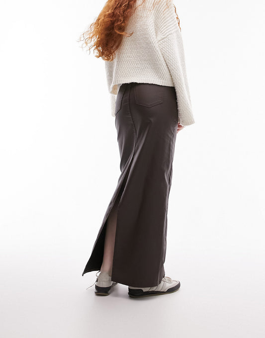 Topshop denim maxi skirt in coated brown