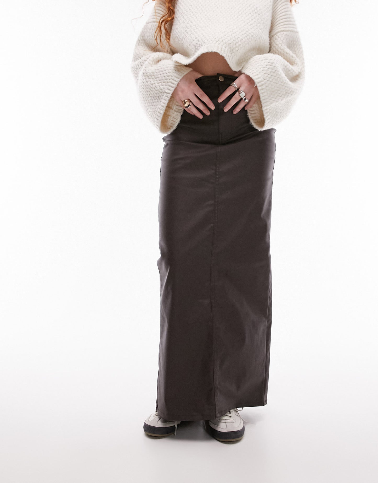 Topshop denim maxi skirt in coated brown