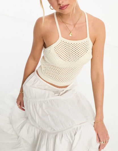 Pimkie crochet cross strap top in beige