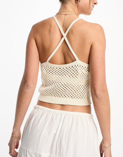 Pimkie crochet cross strap top in beige