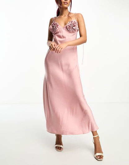 Bardot satin midi dress in pink rose