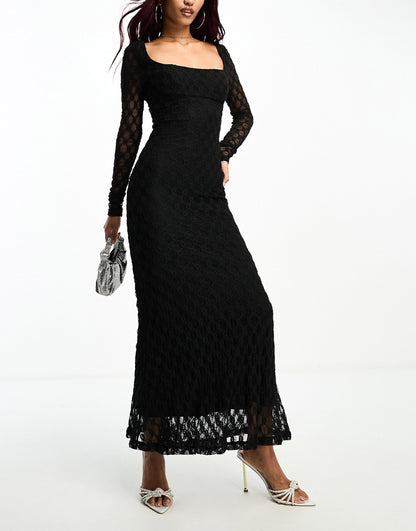 Bardot lace midi dress in black