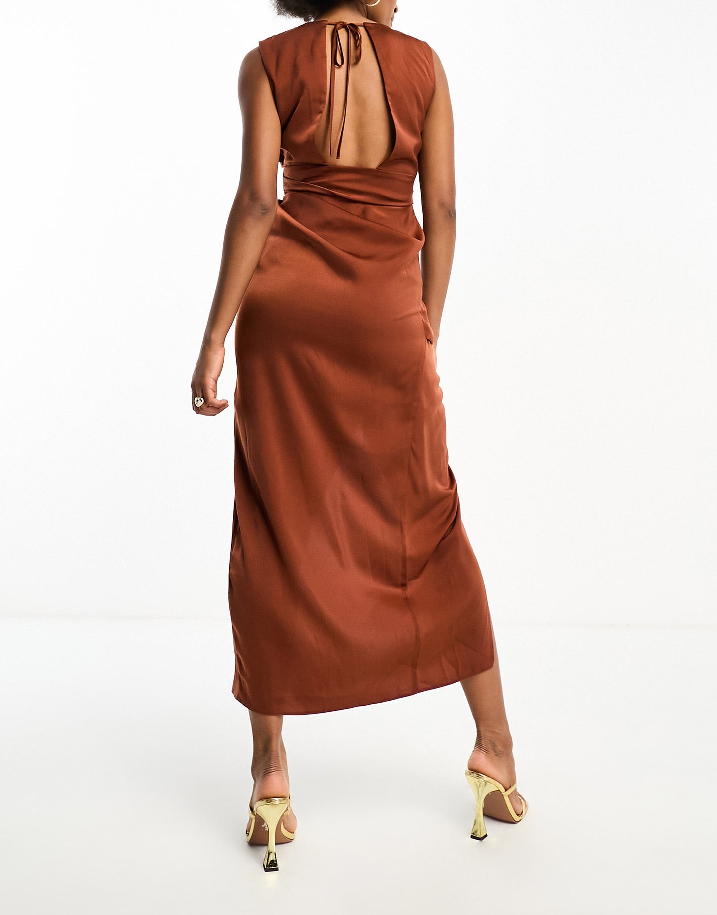 ASOS DESIGN Tall satin drape dress with wrap skirt in chocolate