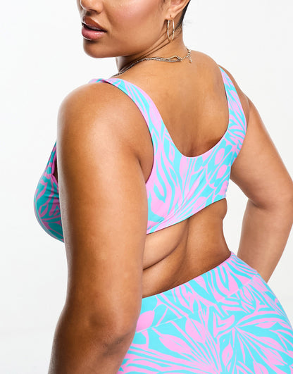 Simply Be reversible knot front bikini top in blue and pink print