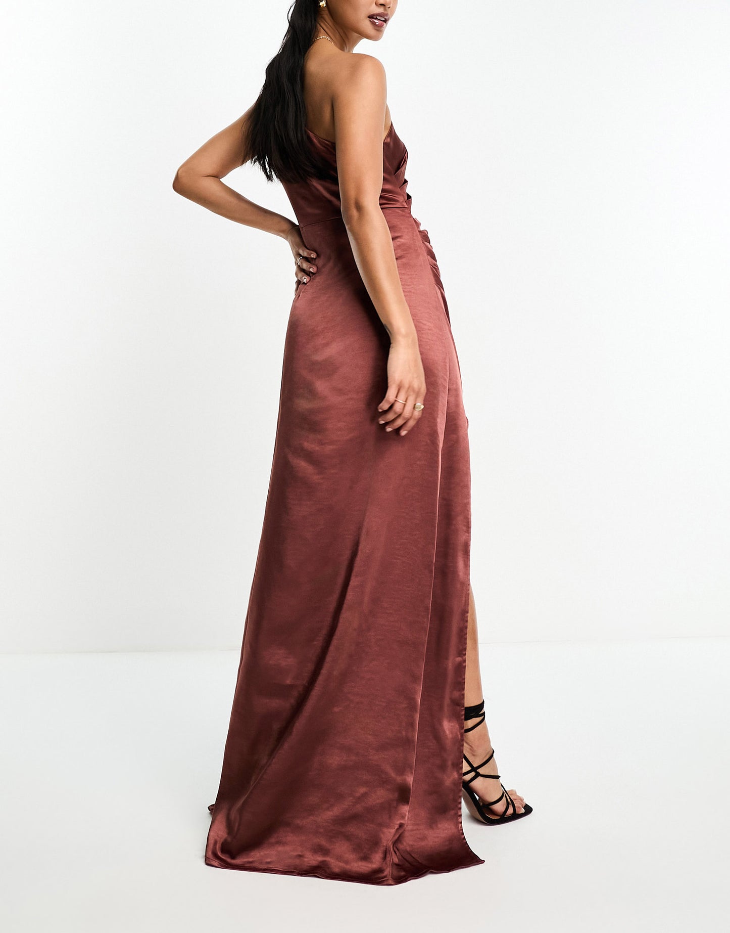 Pretty Lavish Amelia ruched one shoulder satin maxi dress in deep brown