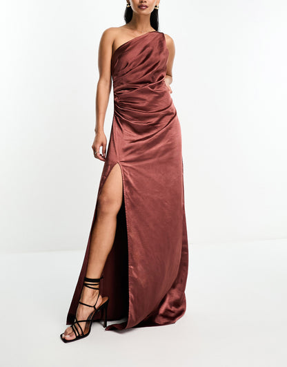 Pretty Lavish Amelia ruched one shoulder satin maxi dress in deep brown