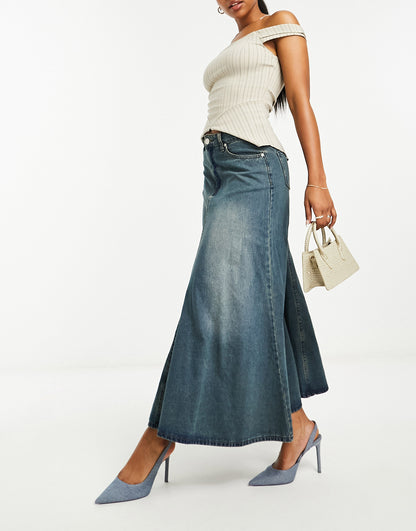 Glamorous pleated a-line midi skirt in vintage wash denim