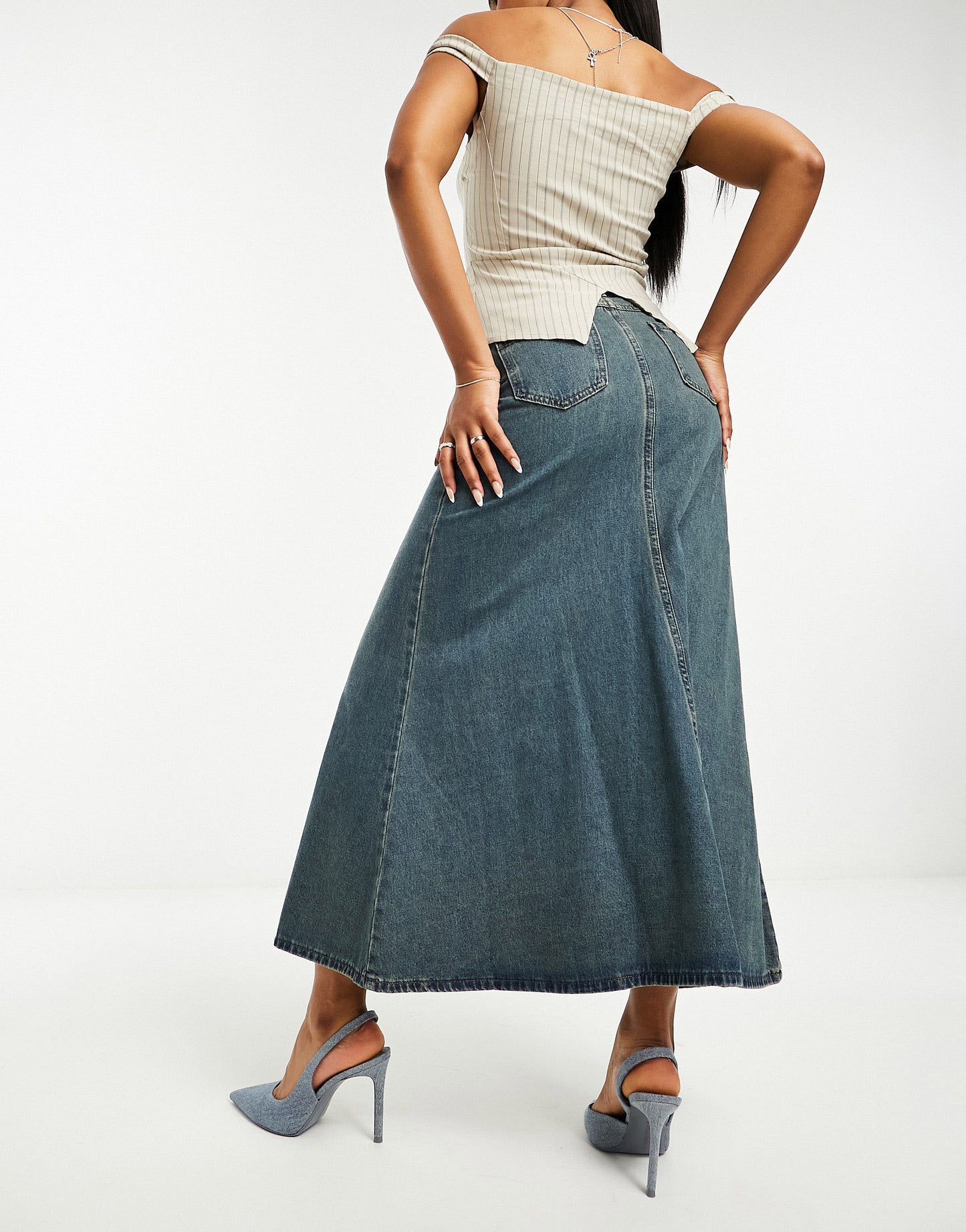 Glamorous pleated a-line midi skirt in vintage wash denim