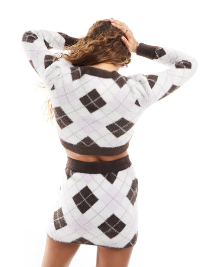 Glamorous cropped fluffy knit jumper in brown argyle co-ord