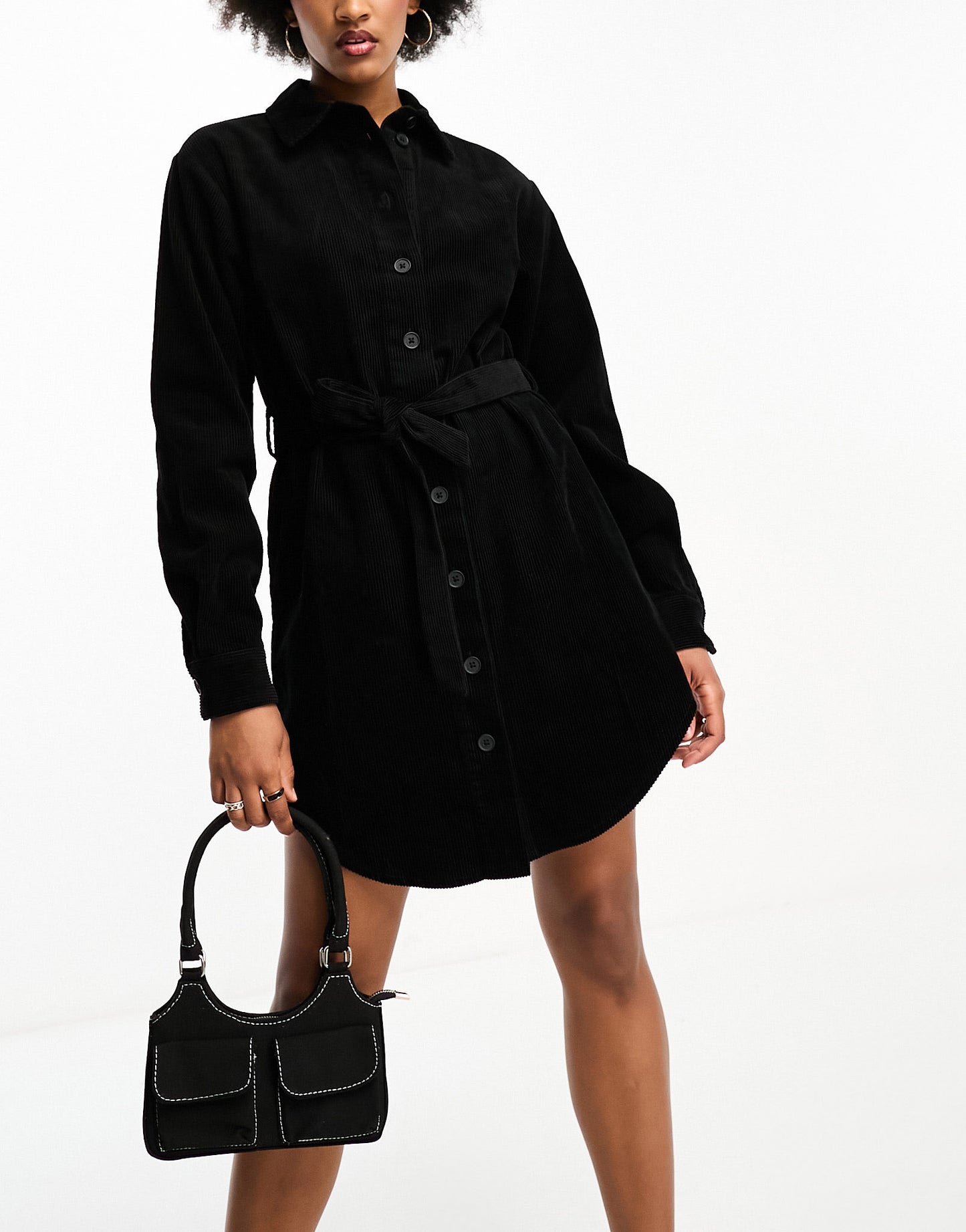 ASOS DESIGN Tall cord belted shirt dress in black