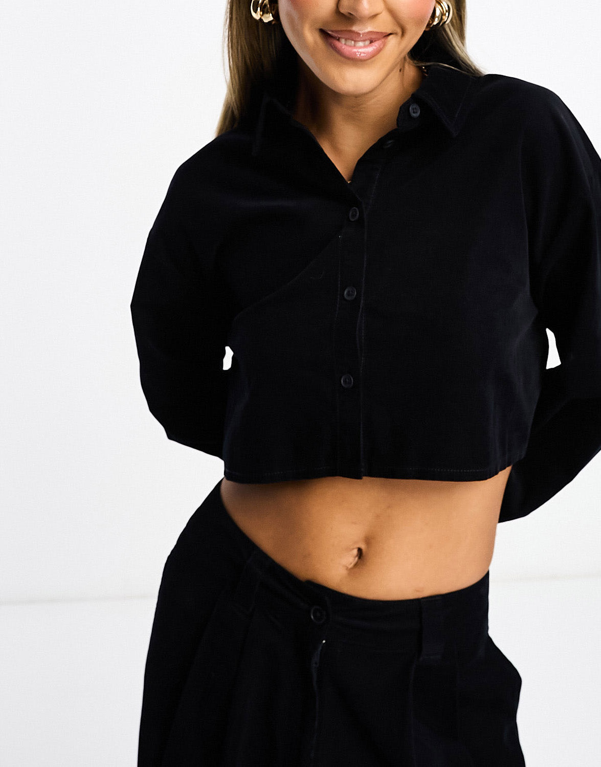 ASOS DESIGN cord cropped shirt in ink co-ord