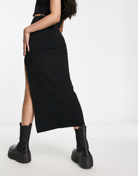 Bershka midi skirt with front slit in black