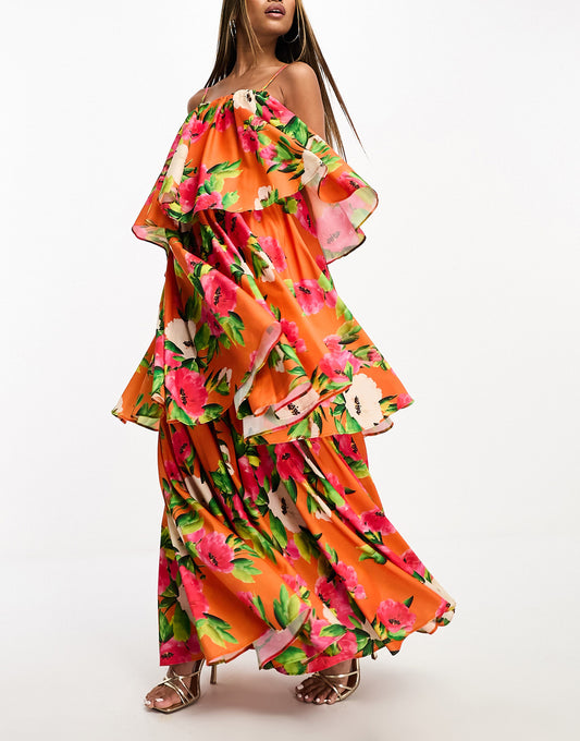 Forever Unique tiered midaxi dress in orange floral print