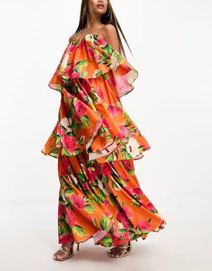 Forever Unique tiered midaxi dress in orange floral print