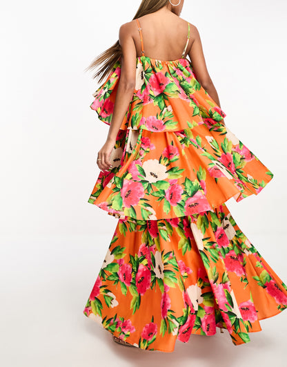 Forever Unique tiered midaxi dress in orange floral print