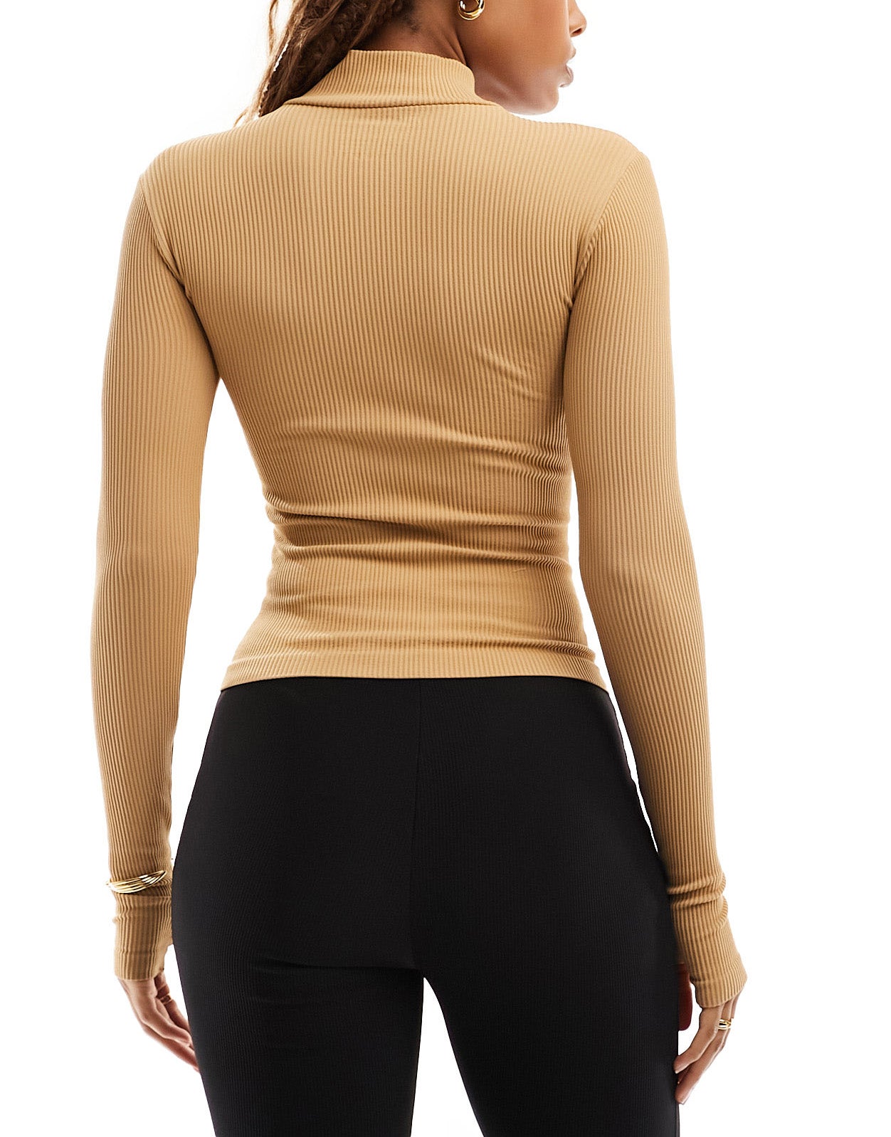 ASOS DESIGN seamless long sleeve zip through top in rib camel