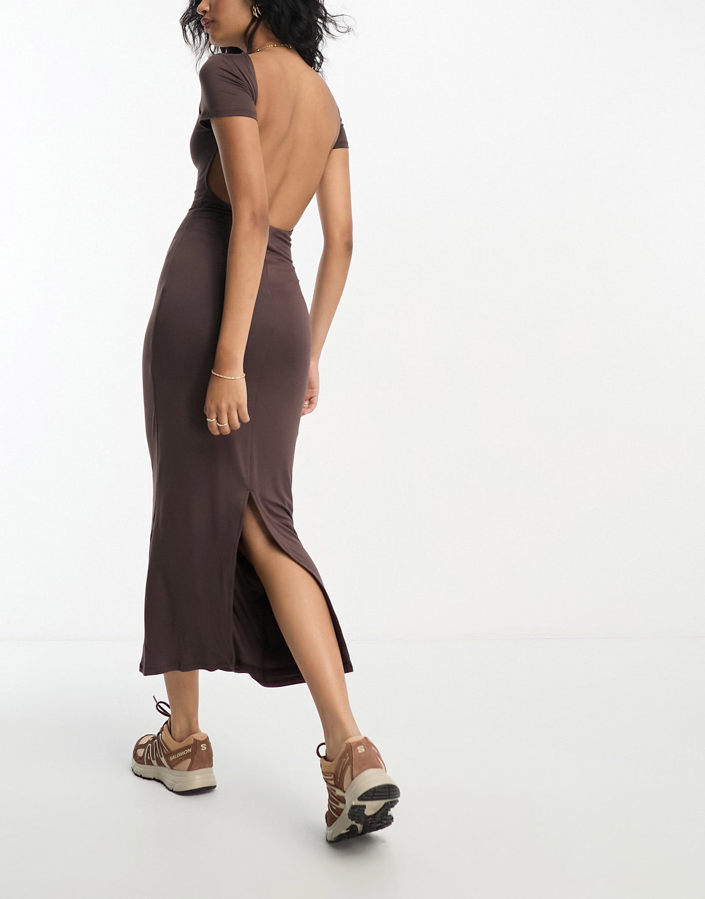 ASOS DESIGN soft touch capped sleeve scoop back maxi dress with in chocolate